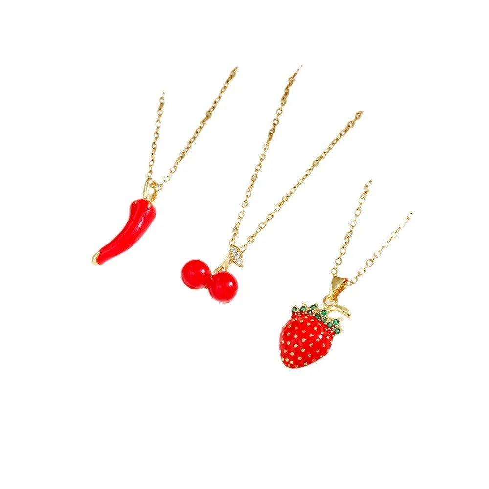 Titanium steel women's necklace with fruit pendant on O-ring chain in golden and steel colour options