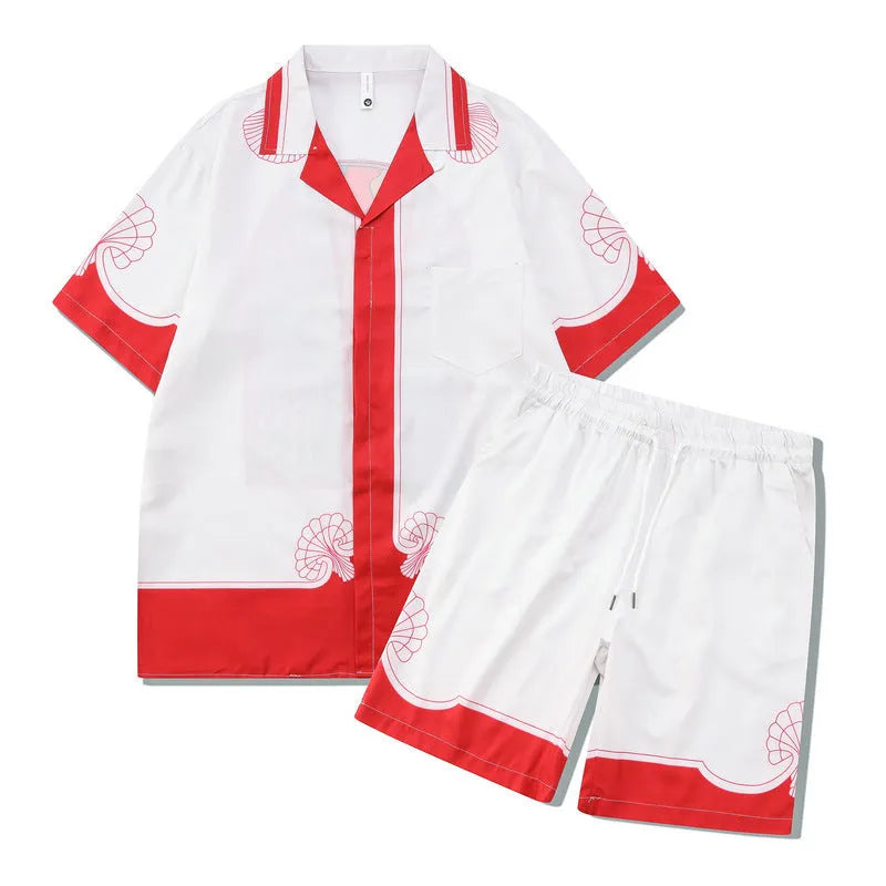 Plaid printed beach outfit set including short sleeve shirt and trousers for men and women