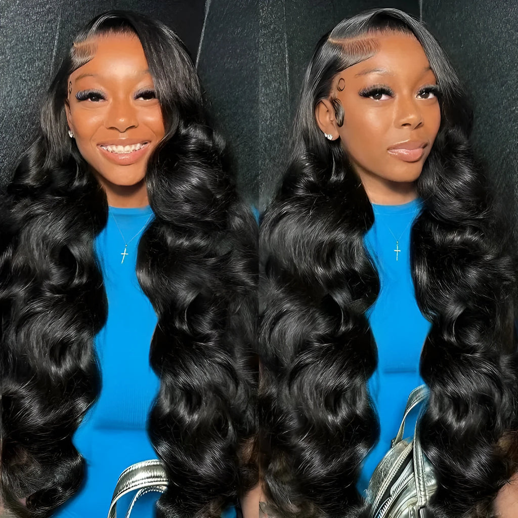 Black synthetic wig with large waves on a mannequin head, showing lace front detail.
