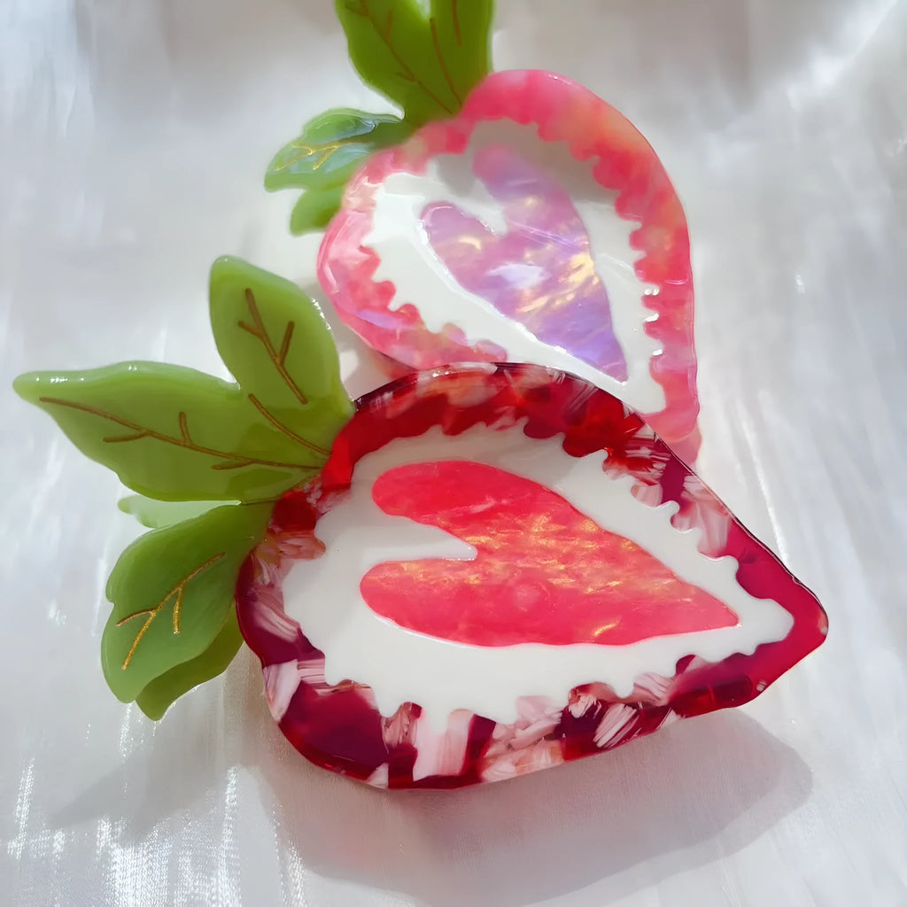 Red handmade strawberry hairpin clip with pastoral style on a white background