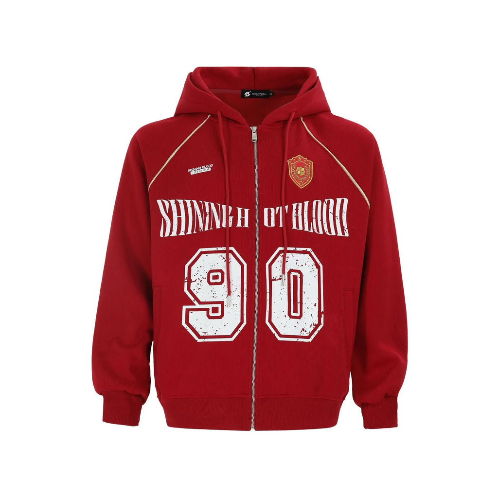 Women's loose American retro style hooded jacket with letter embroidery in cotton blend fabric