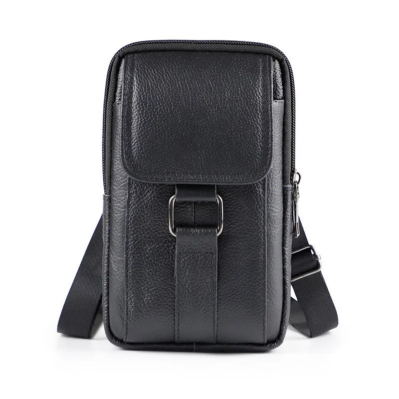 Men's black genuine leather crossbody waist bag with metal lock and coin pocket