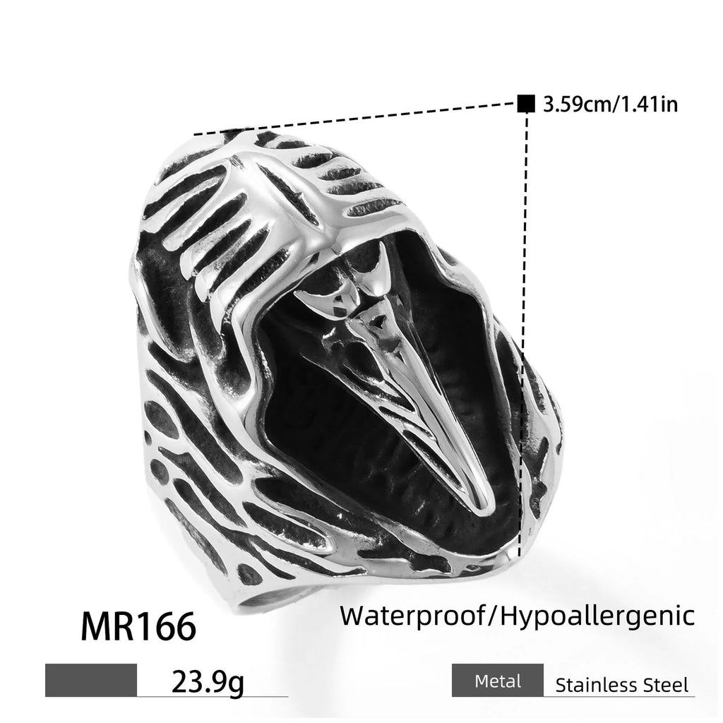 Geometric crow skull punk ring in MR166 colour with stainless steel construction showing detailed animal motif design