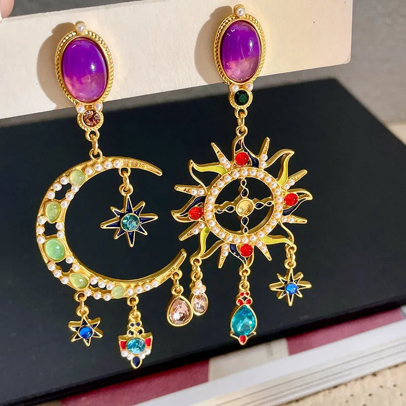 Mid-ancient coloured glaze crystal moon asymmetric earrings diamond-treated star shape Chinese style women
