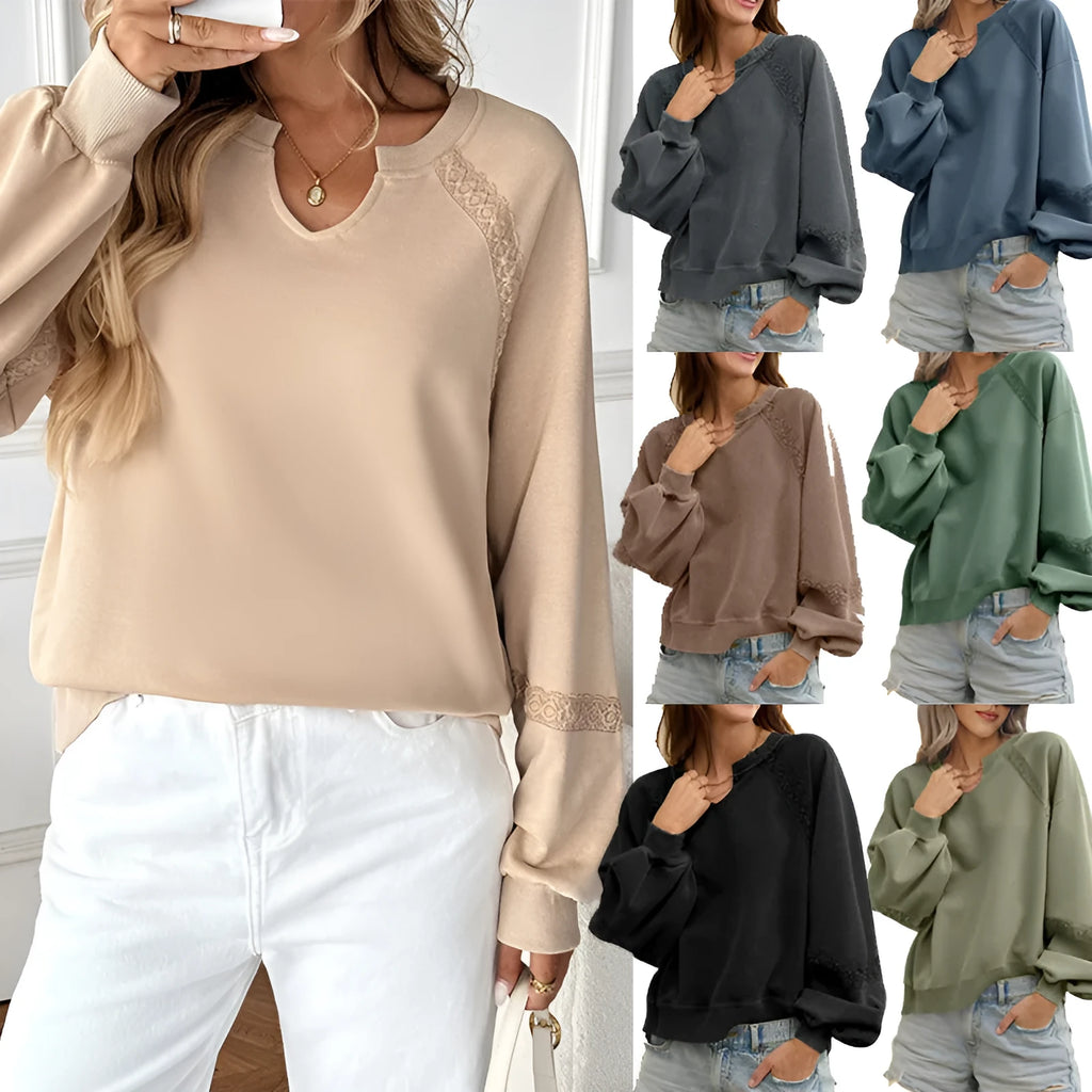 Women's half-open collar long sleeve sweater in cotton polyester blend with lace stitching detail