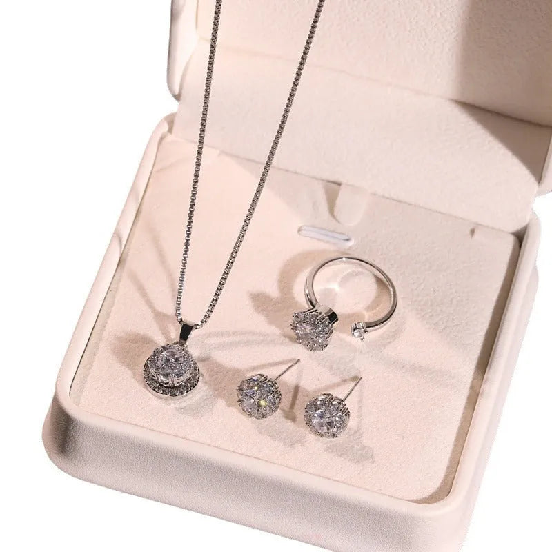 Zircon light luxury good luck rotating open rings ear studs necklace suit for women, copper and zircon, floral sun snowflake pattern