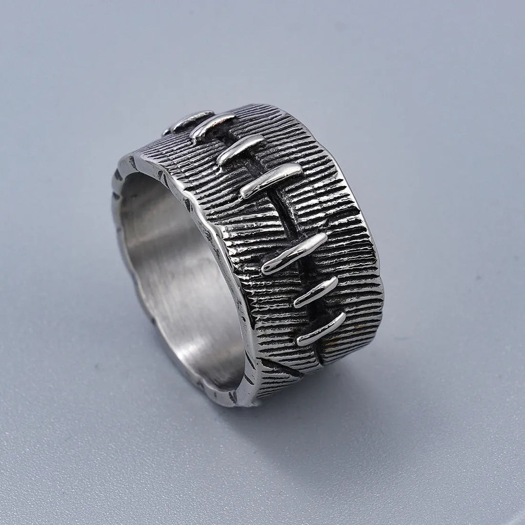 Dark punk stitched titanium steel ring with double U-shaped geometric design in retro colour
