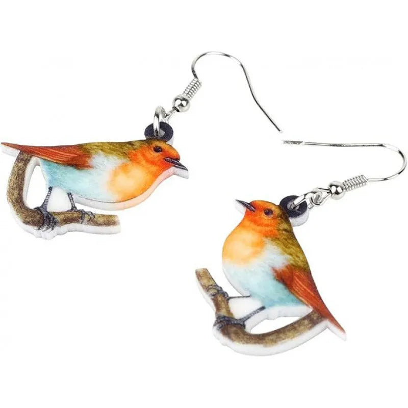 Blue titmouse pendant drop earrings with geometric animal zodiac snake designs printed on acrylic