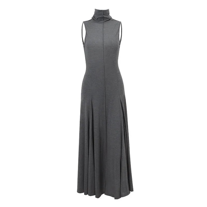 Grey cotton women's dress with half turtleneck collar and backless design