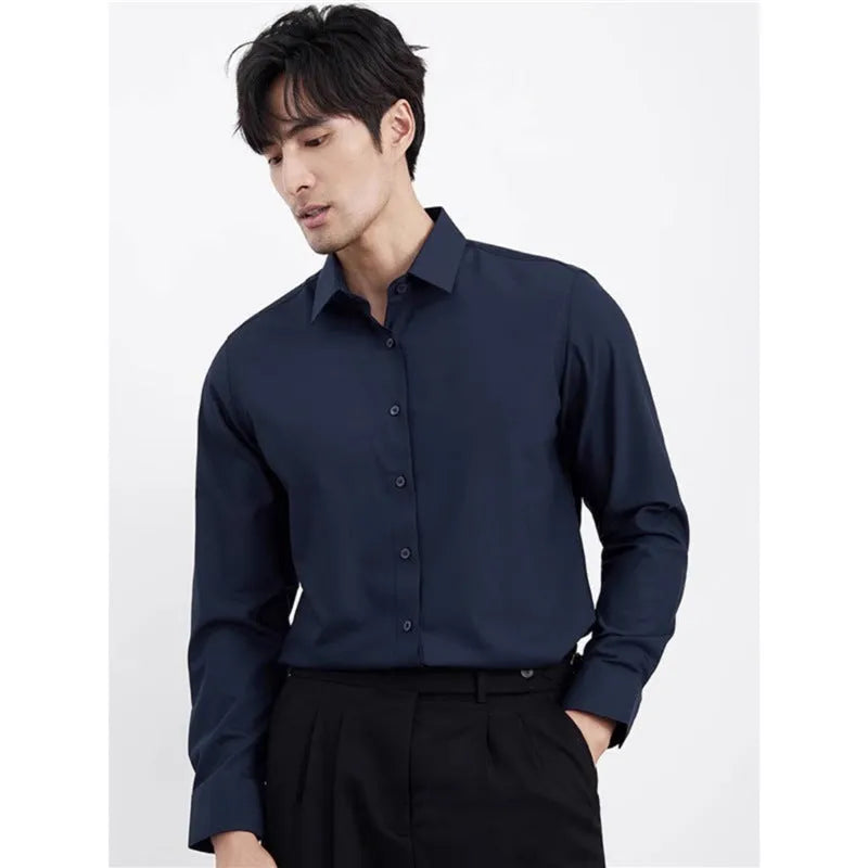 Wine red slim fit men's long sleeve shirt with non-iron polyester blend fabric