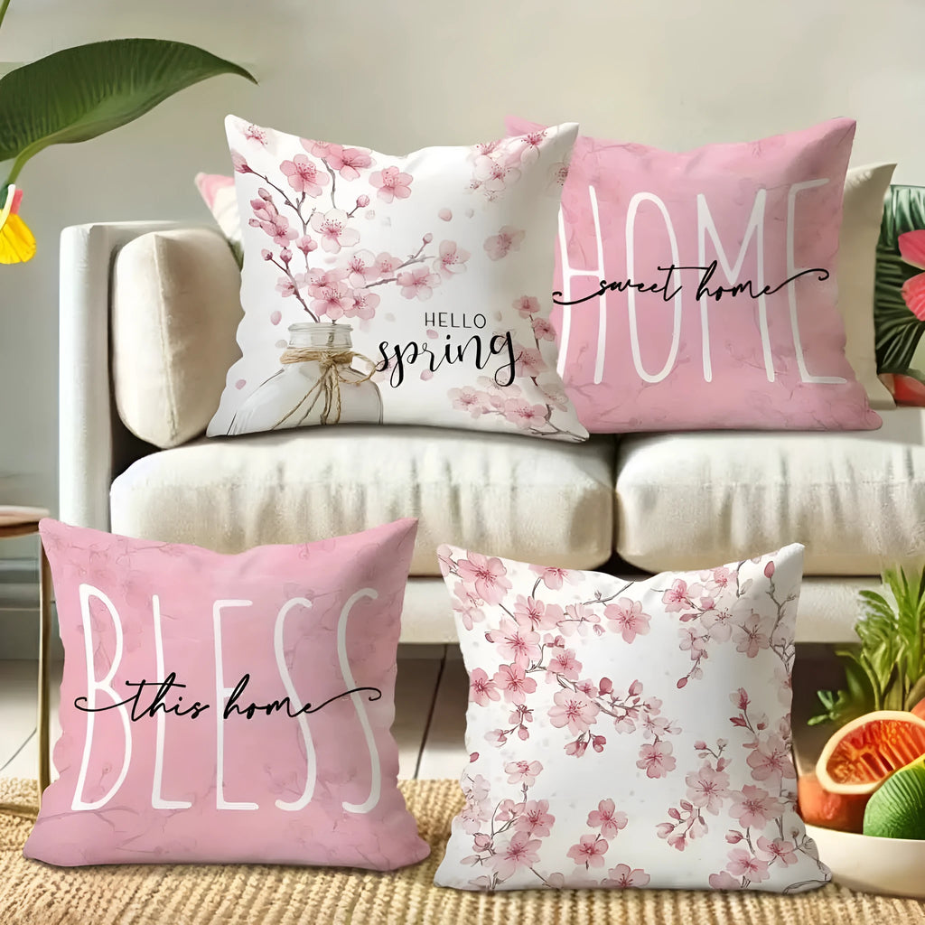 45cm square short velvet cushion cover with a spring cherry blossom letter design
