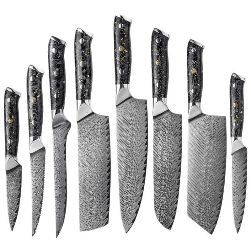 Damascus kitchen knife set 67-layer steel 8-piece collection with fishbone pattern