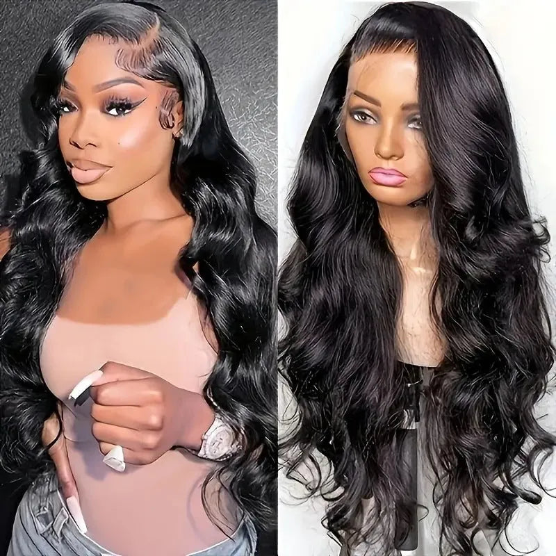 Black synthetic wig with large waves on a mannequin head, showing lace front detail.