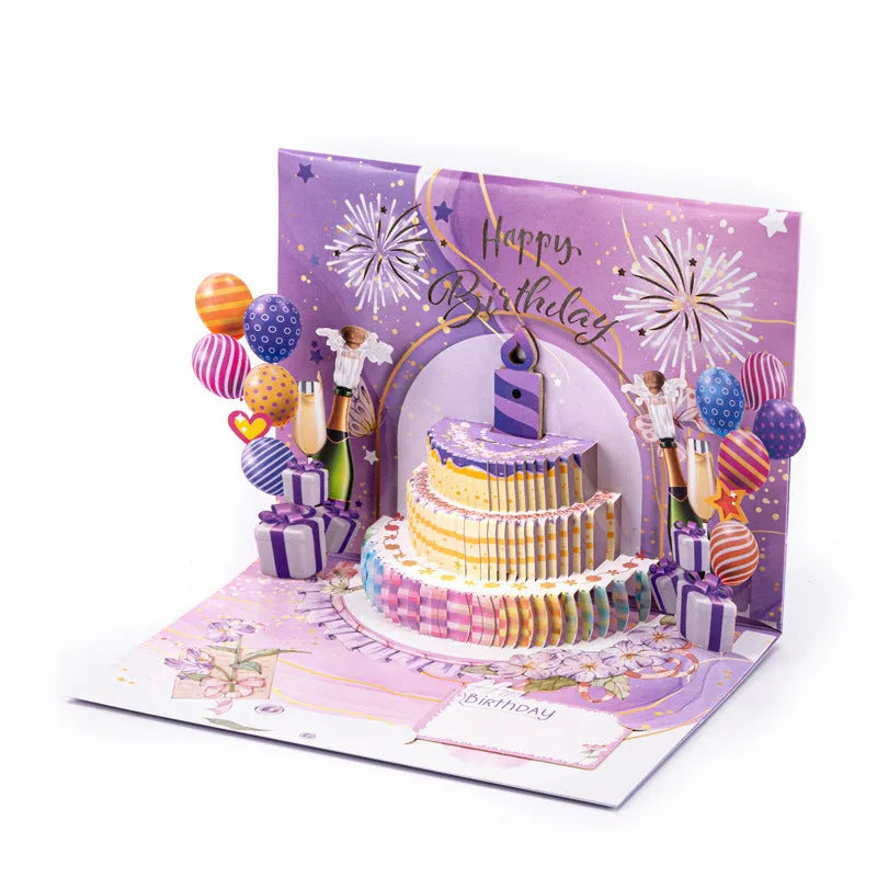 Chinese ink style 3D pop-up greeting card with a cake design, measuring 15cm by 20cm.