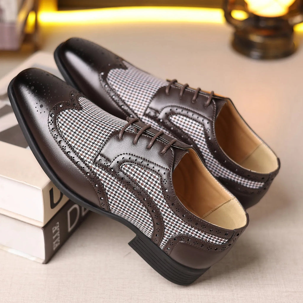 Men's black houndstooth plaid canvas casual shoes with square toe and lace-up front.