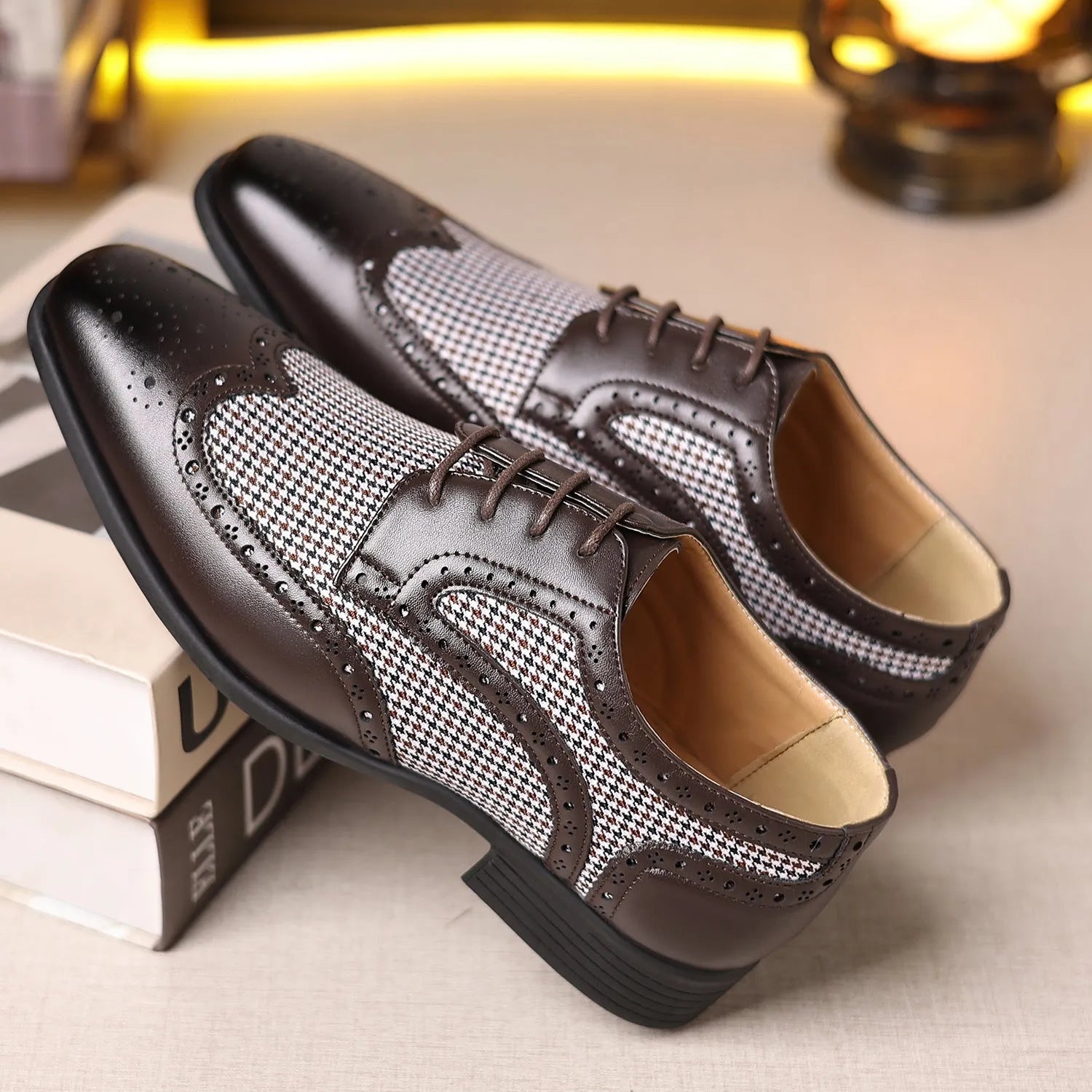 Men's black houndstooth plaid canvas casual shoes with square toe and lace-up front.