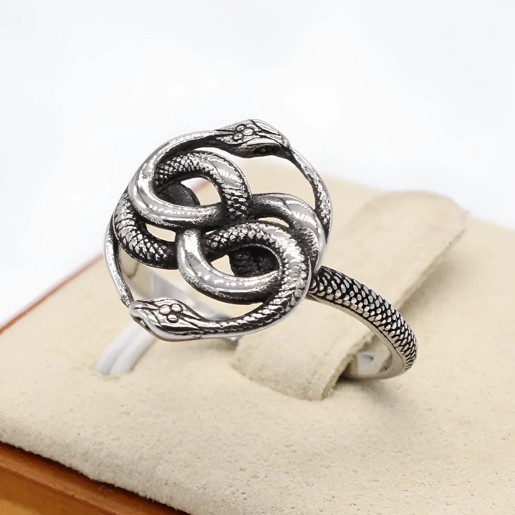 Titanium steel double snake ring with retro styling and cold wind pattern in steel colour