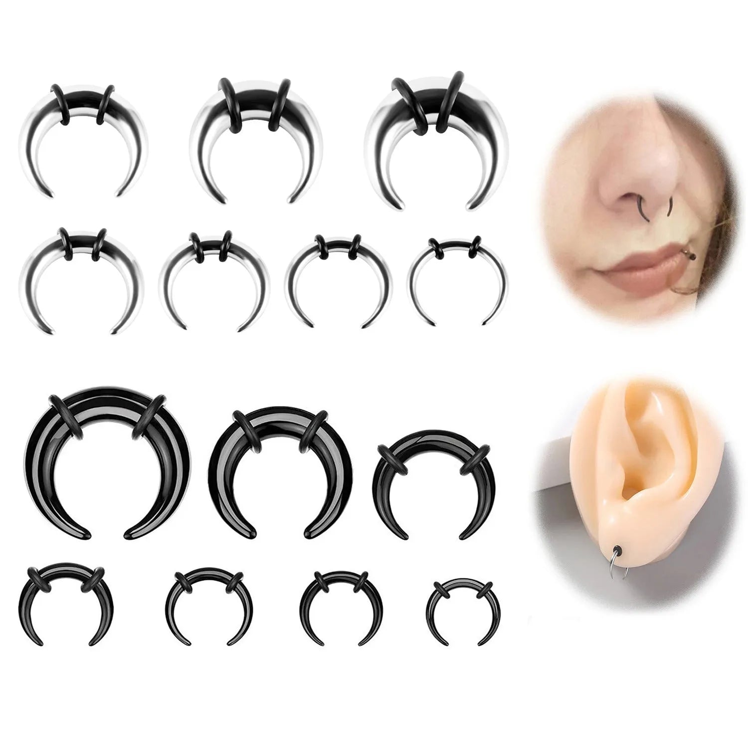 316 stainless steel C-shaped nose ring with buffalo horn detail in steel and black colour options.