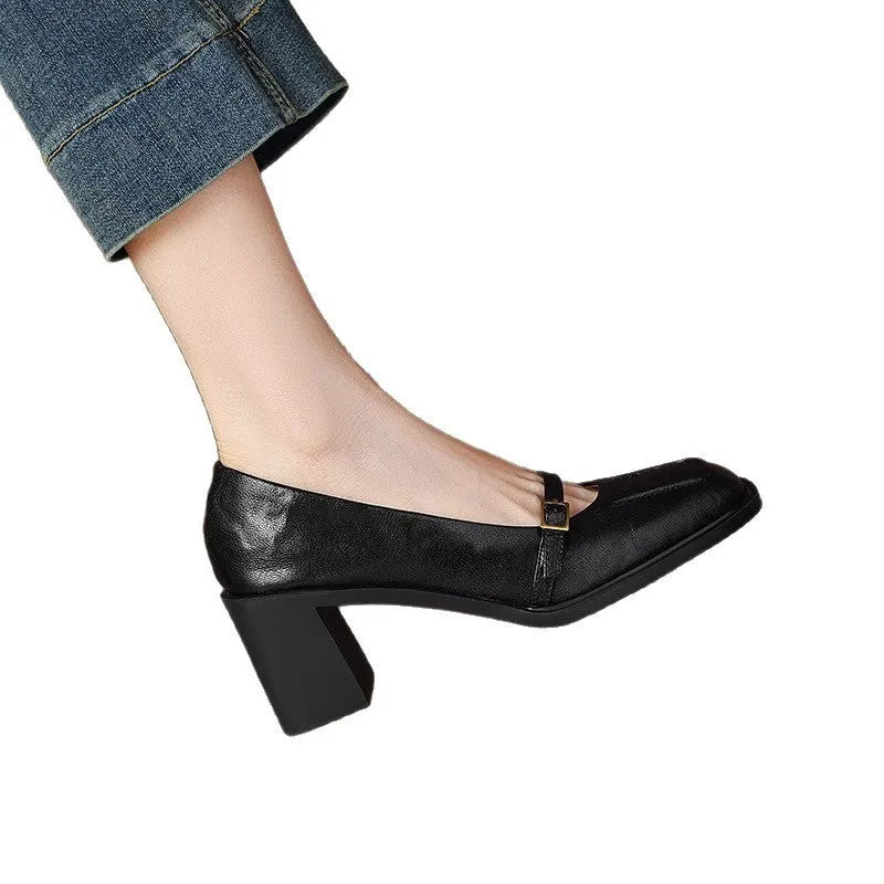 Women's retro square toe high heel pumps in black or dark brown with buckle fastening, sizes 35-40