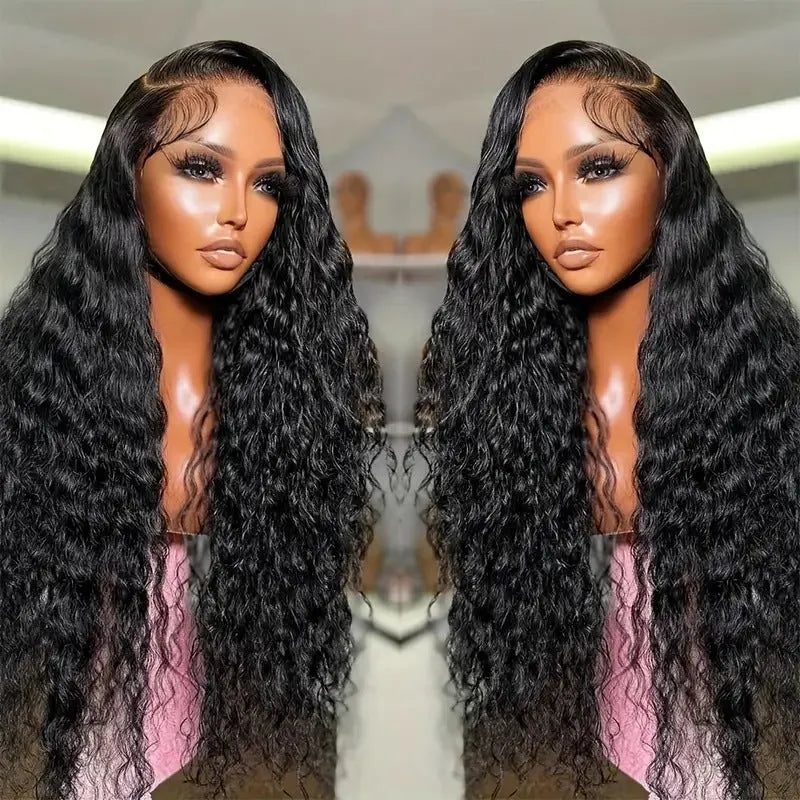 Black long curly lace afro wig on a stand showing wound tube construction.
