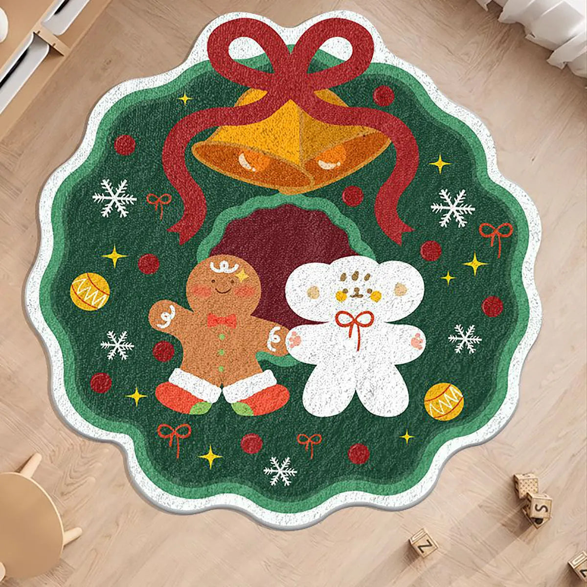 Alien shaped Christmas floor mat in imitation cashmere material with festive colour patterns