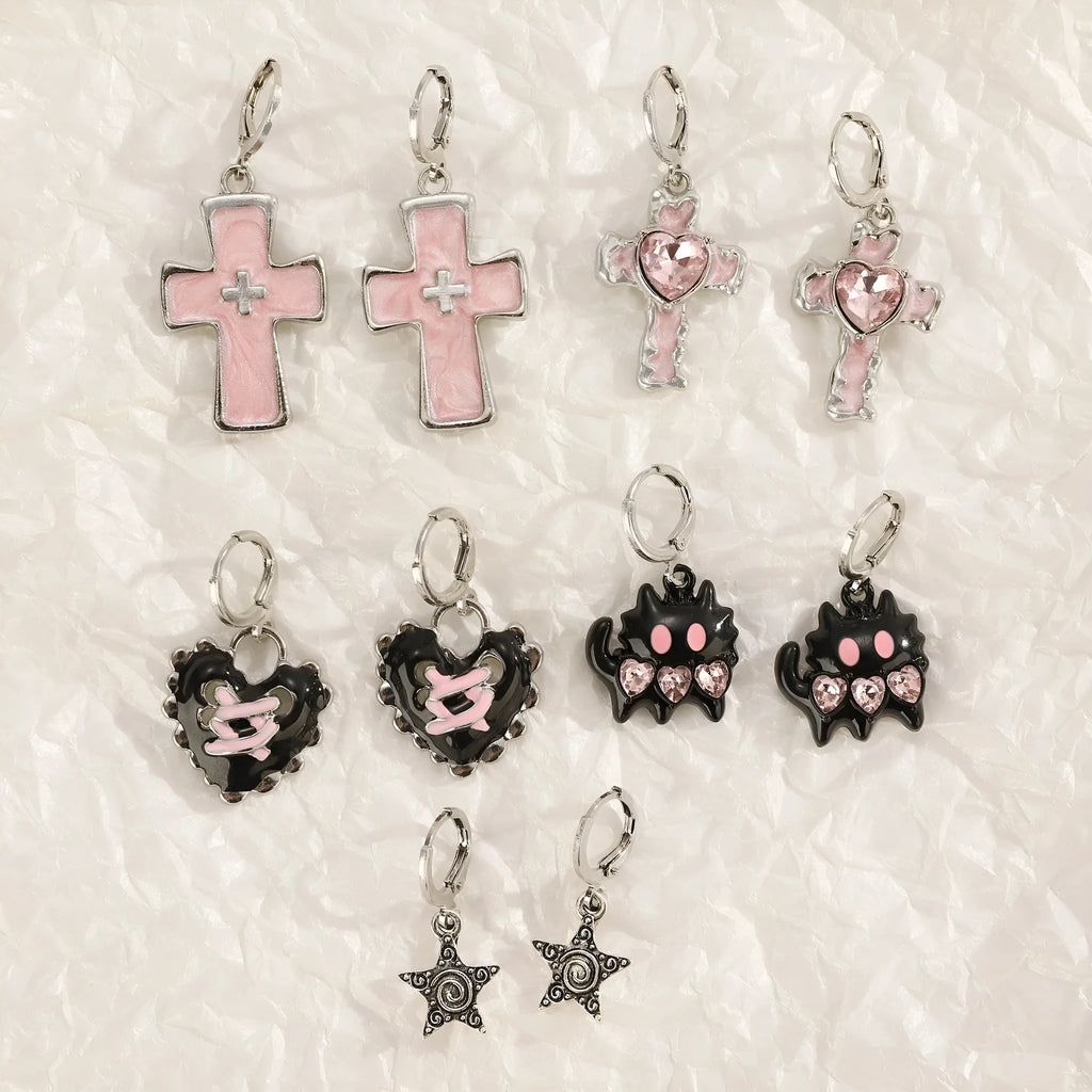 Women's alloy cross crystal earrings in five colour options including white cross and bright black cat designs