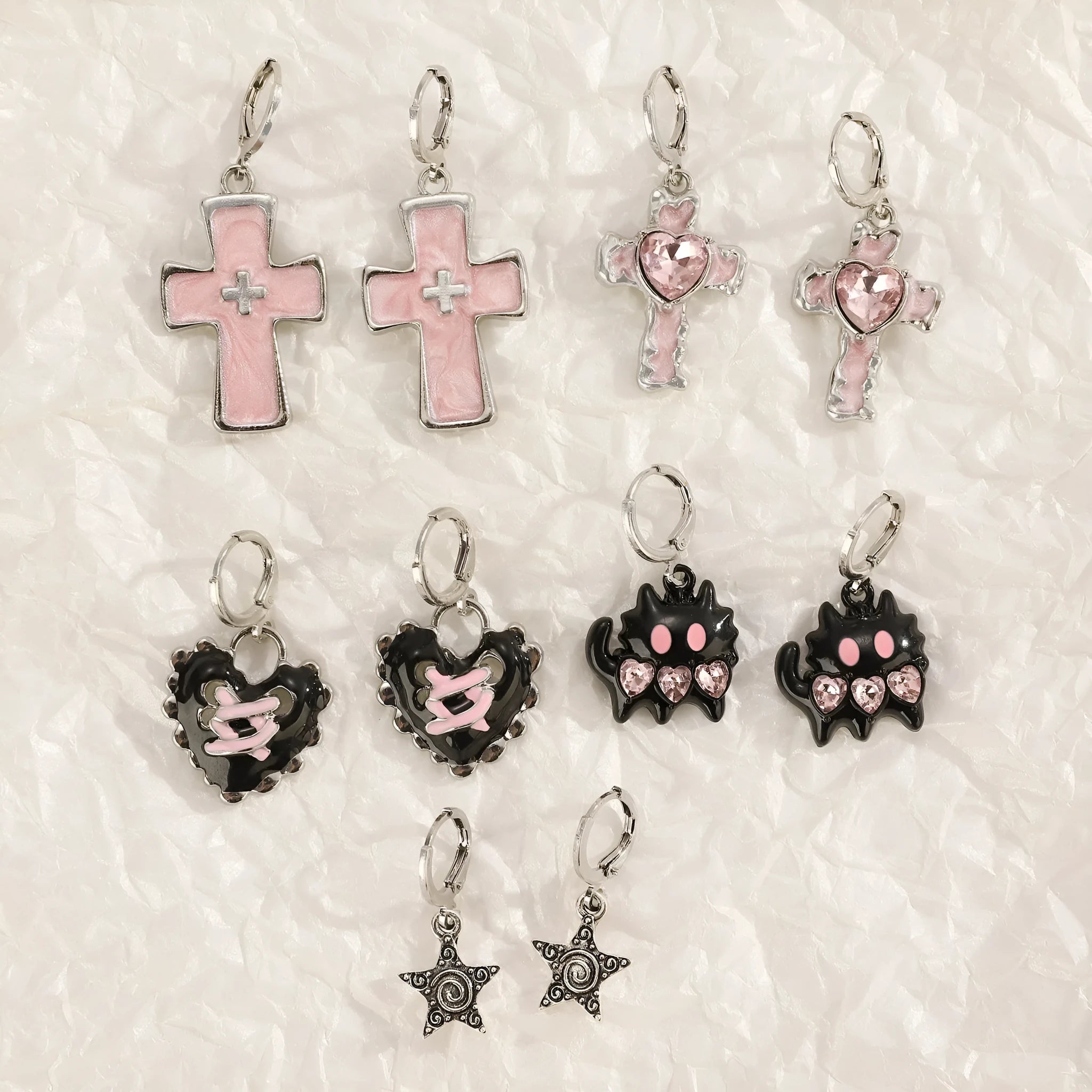 Women's alloy cross crystal earrings in five colour options including white cross and bright black cat designs