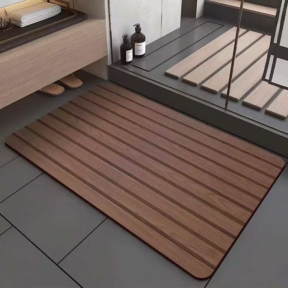 Square American-style wood grain geometric pattern floor mat for bathroom entrance.