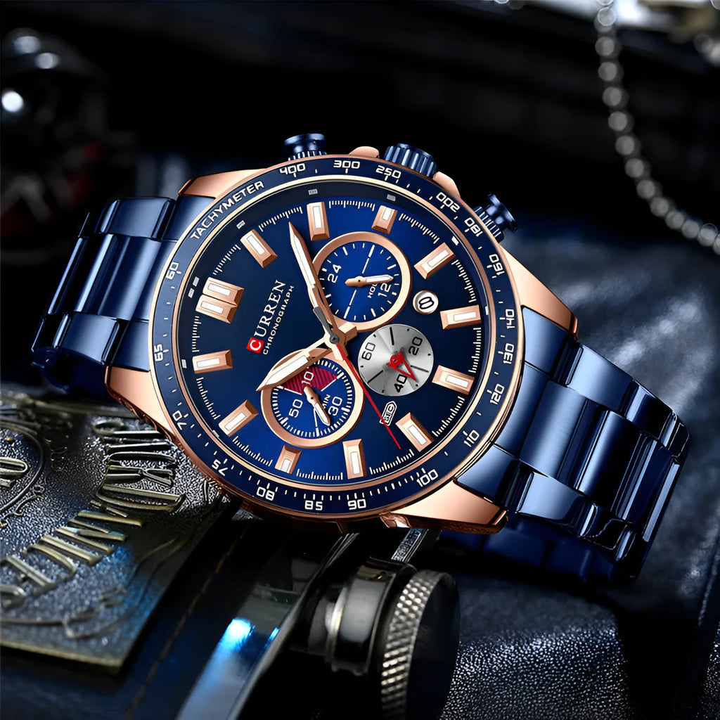 Men's blue alloy quartz watch with steel belt, mineral glass face, and calendar display