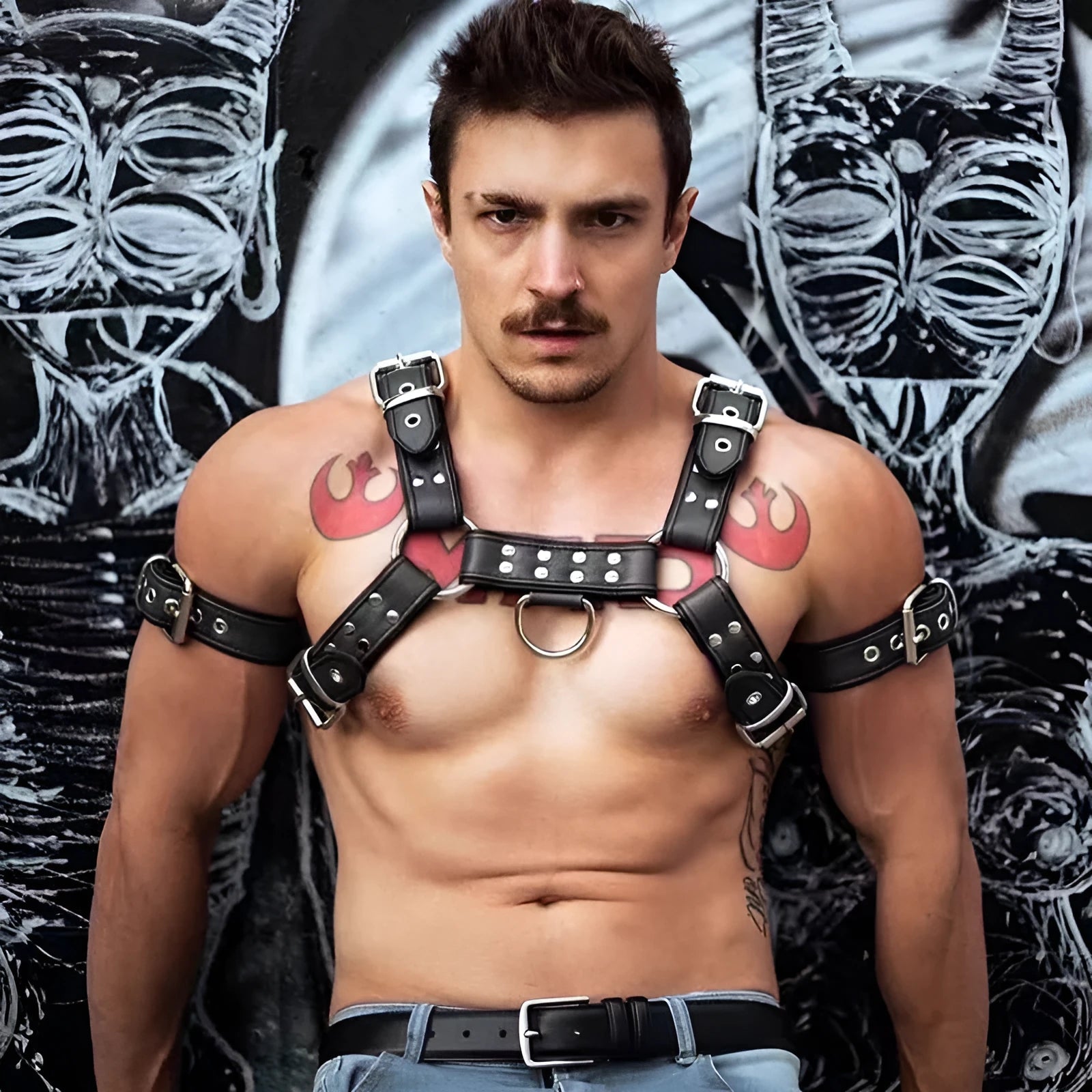 Black leather adjustable chest bondage strap with metal buckle for adult costume events