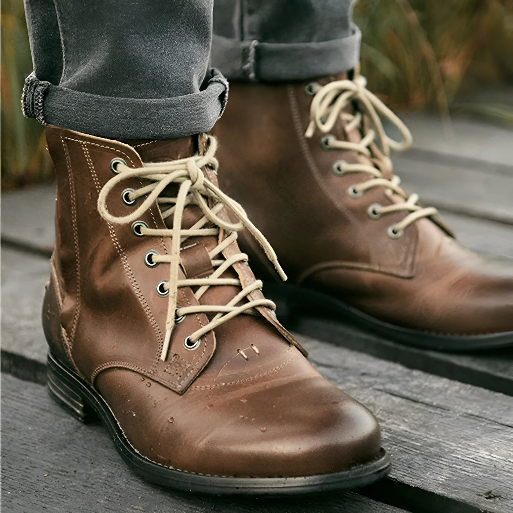 Knight Series black and brown two-tone leather boots with side zipper detail