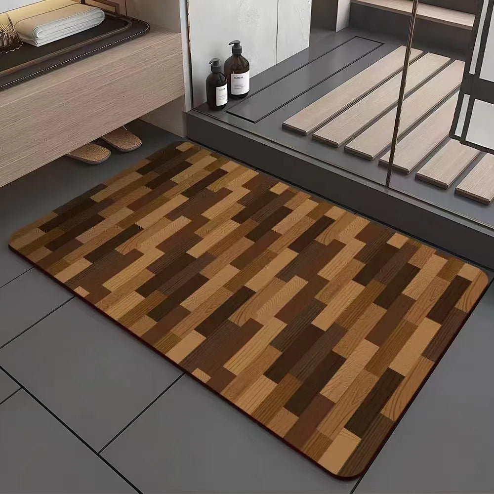 Square American-style wood grain geometric pattern floor mat for bathroom entrance.