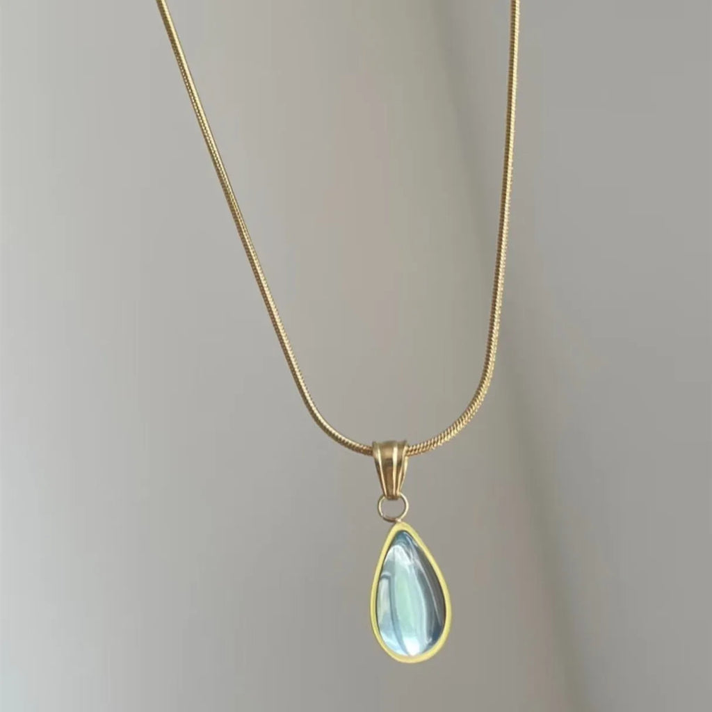 Retro water drop necklace with mixed gem pendant on titanium steel snake bones chain