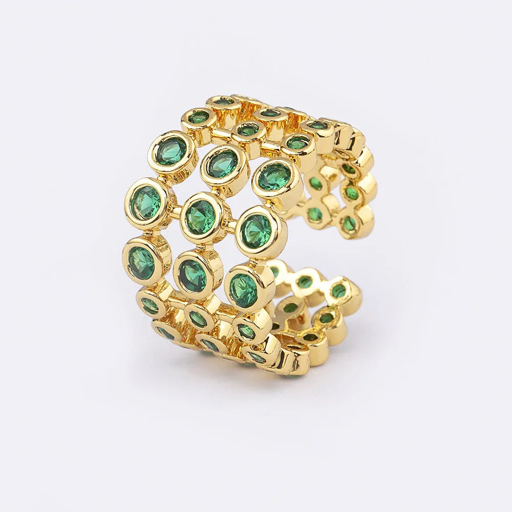 Copper 18K gold plated three-layer ring with green zircon stones in wide band unisex design