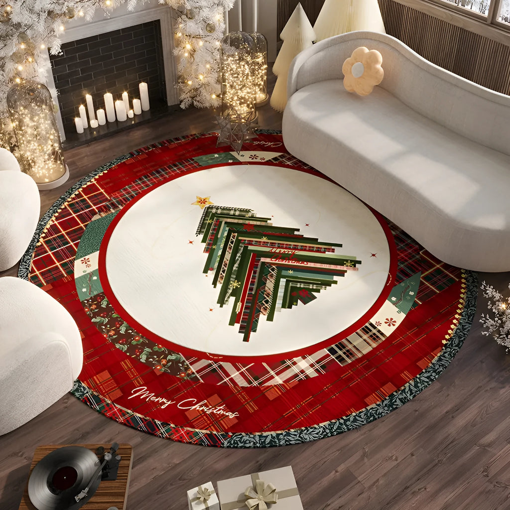 Red Christmas-themed round polyester floor mat with non-slip base on a living room floor.