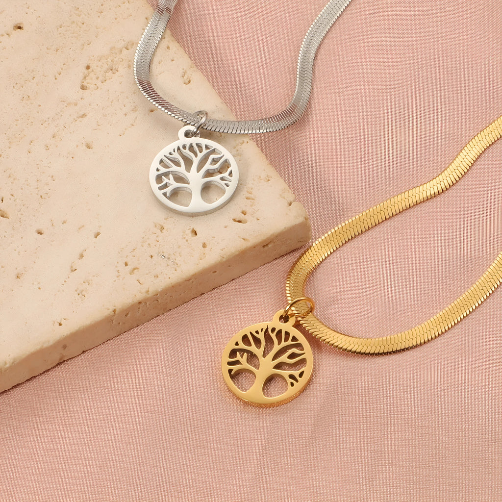 Stainless steel chain necklace with U-shaped lucky tree pendant in gold or steel colour options