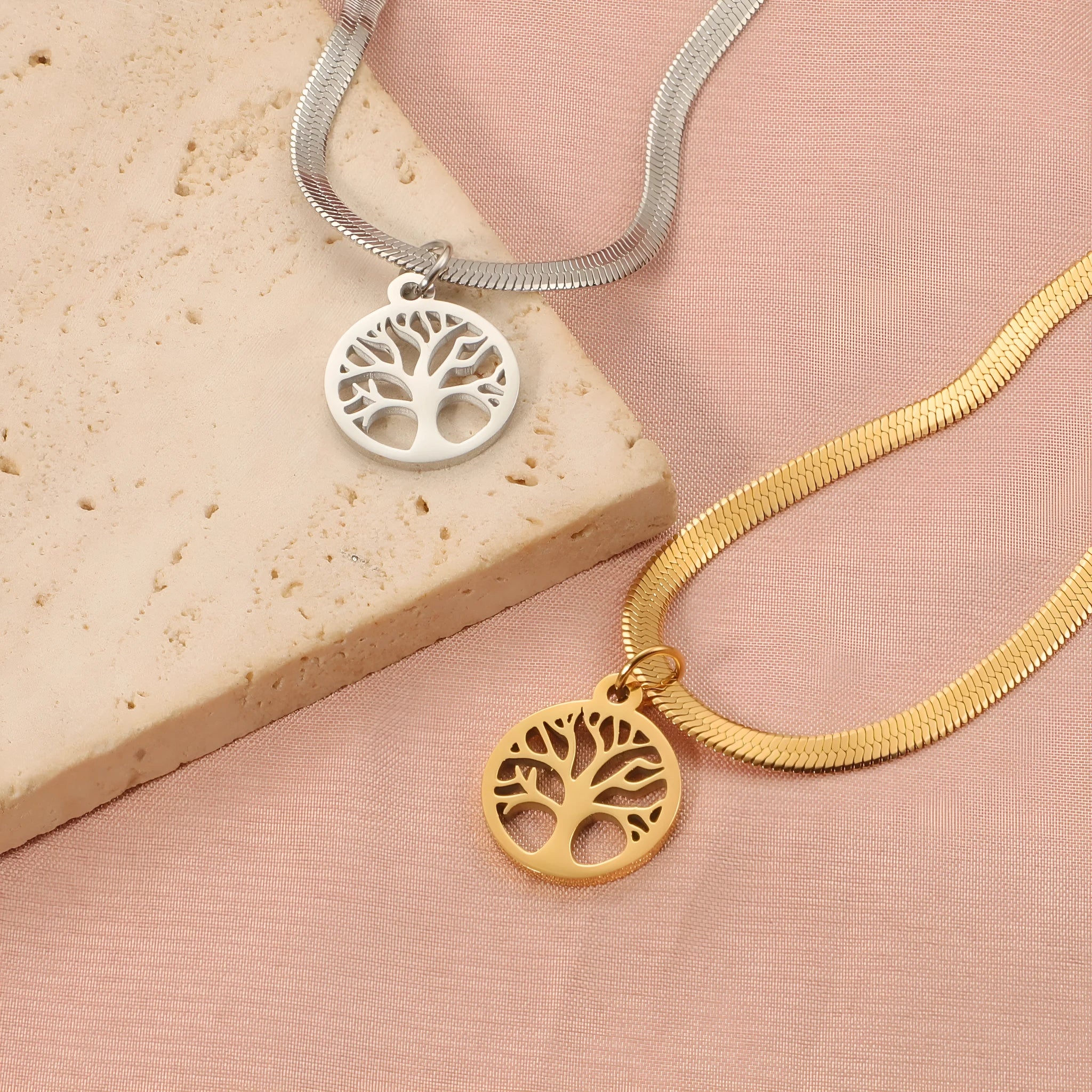 Stainless steel chain necklace with U-shaped lucky tree pendant in gold or steel colour options