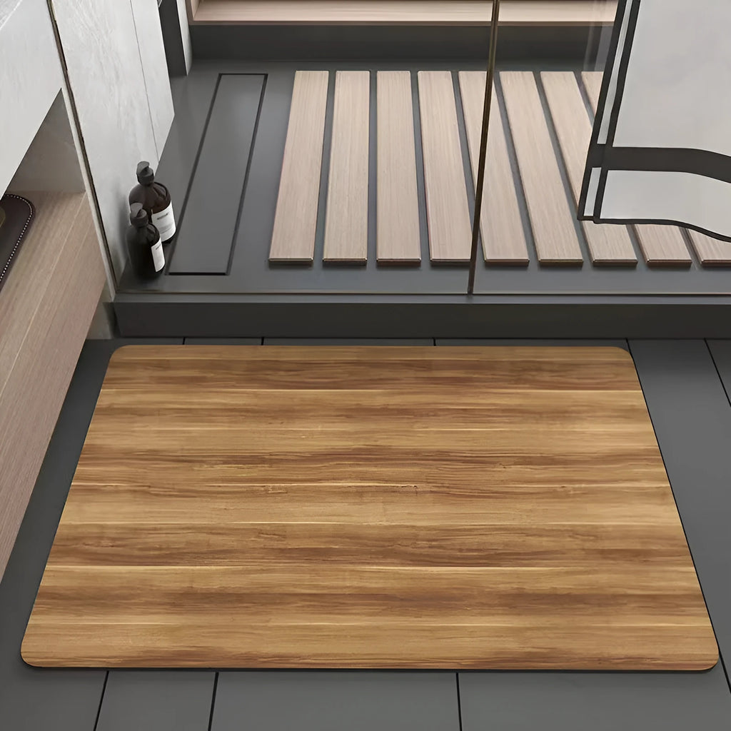 Square American-style wood grain geometric pattern floor mat for bathroom entrance.