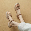 Women's beige platform sandals with chunky heel and open toe design