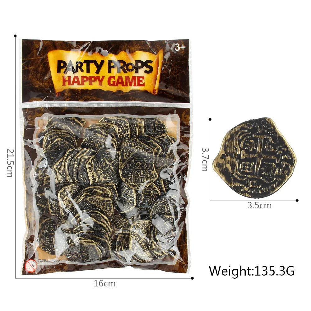 Set of 100 plastic replica Roman coins with metallic gold, silver, or bronze electroplated finish.