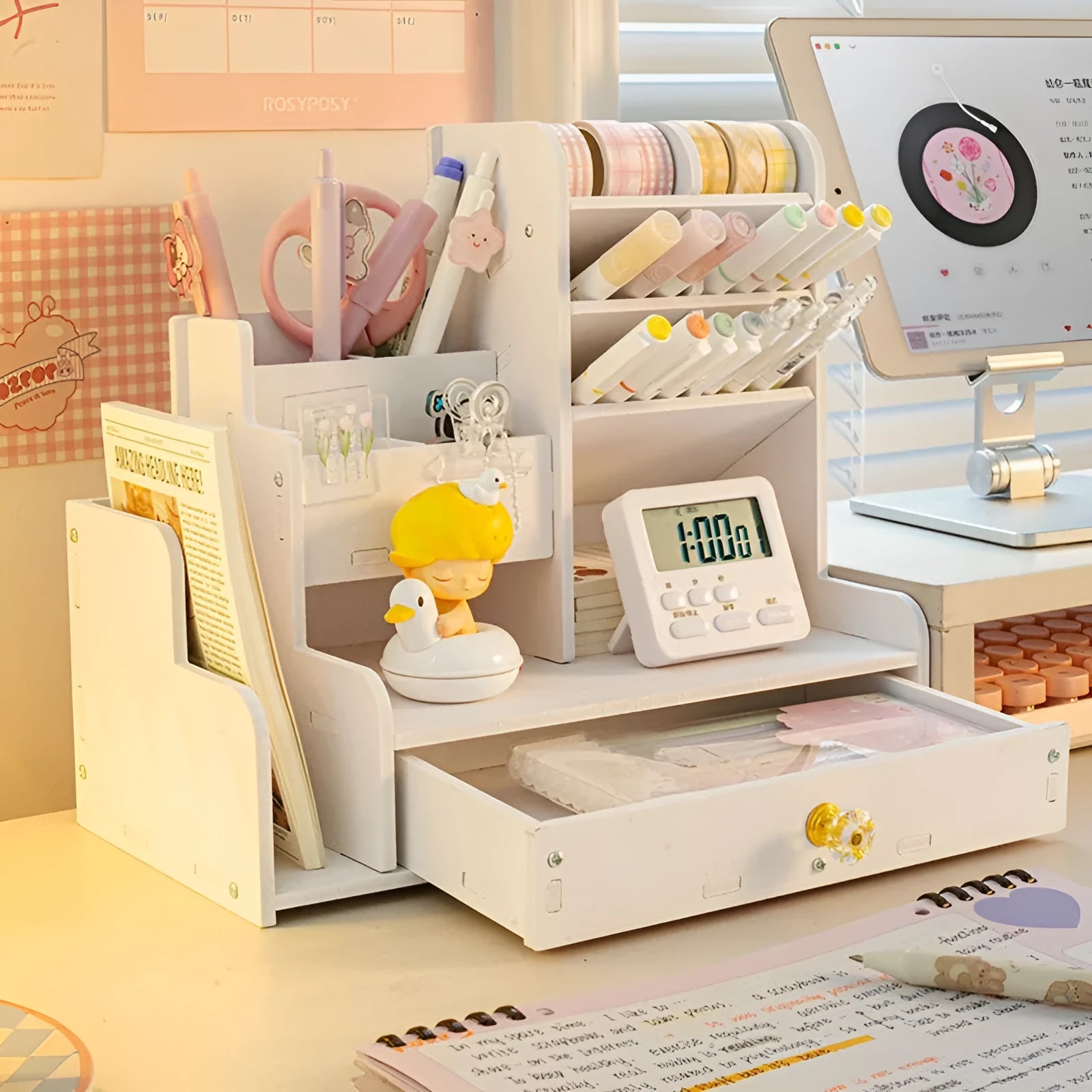 Square plastic pen holder storage box with multiple compartments for oblique insertion of pens and pencils