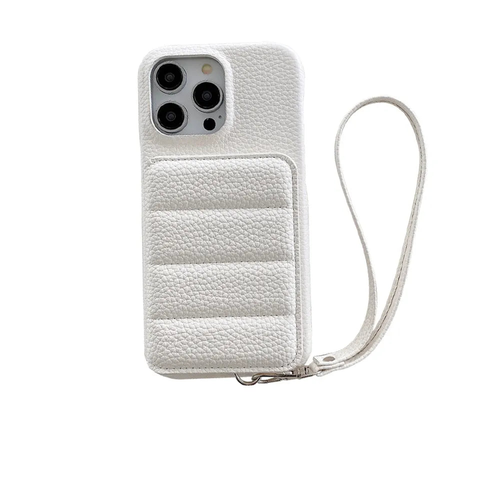 PU leather card holder phone case with lanyard and stand for iPhone 14, 15 and 16 in black, grey, brown, pink, purple, green or white