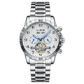Men's silver steel automatic perpetual calendar watch with stainless steel strap and sapphire crystal