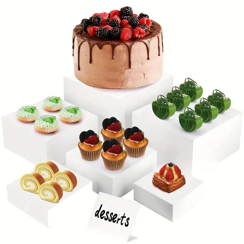White plastic suit cube dessert display stand with six stackable pieces for table presentation