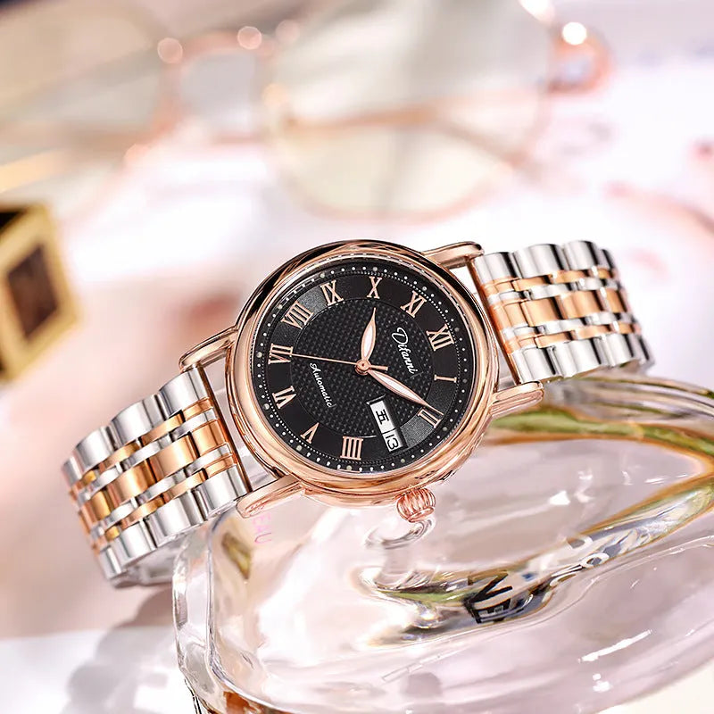 Women's fashion automatic mechanical watch with steel or leather strap options in multiple colours