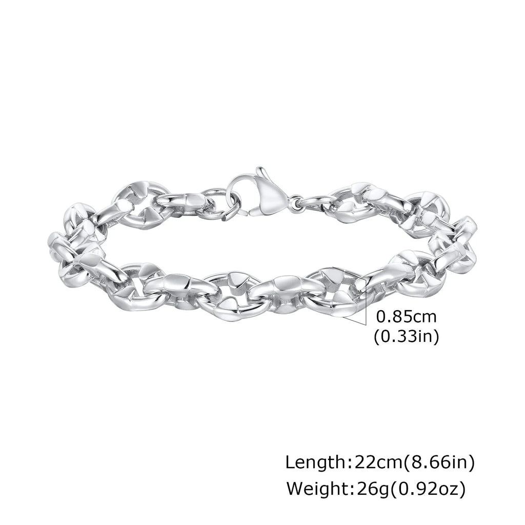 A thick, geometric stainless steel chain bracelet shown on a wrist, highlighting its handmade links and steel colour.