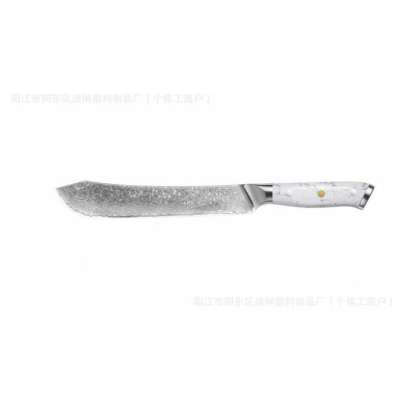 Damascus pattern VG10 steel chef knife with 21cm blade on cutting board