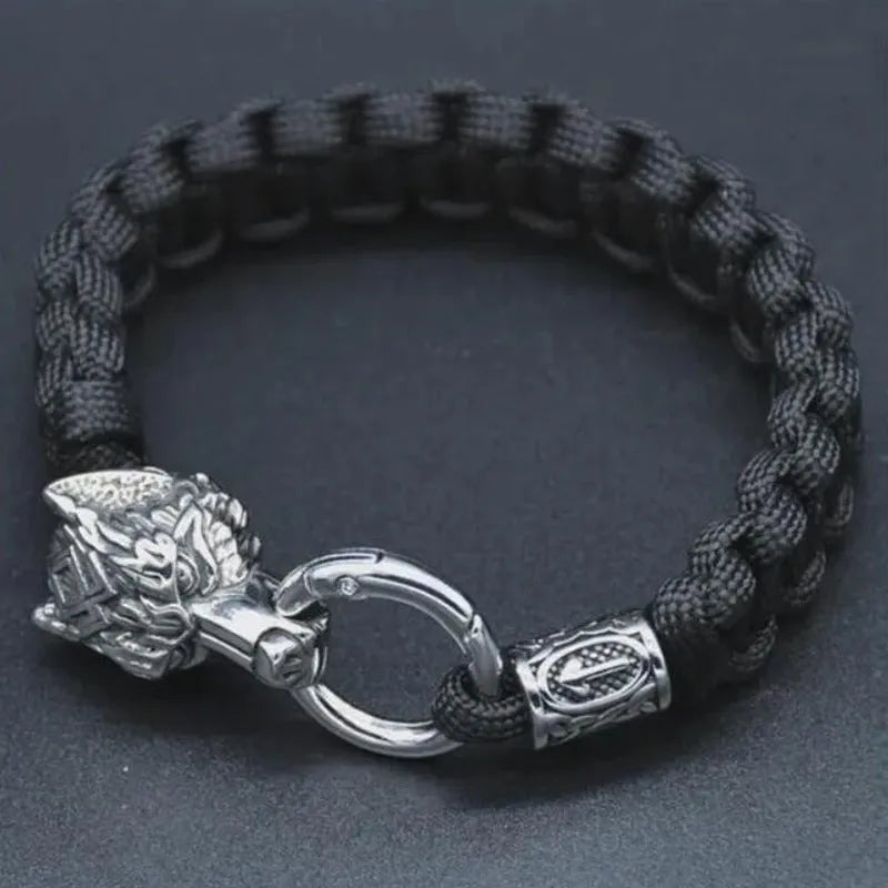 Handmade titanium steel wolf head bracelet with Luen character and camouflage finish
