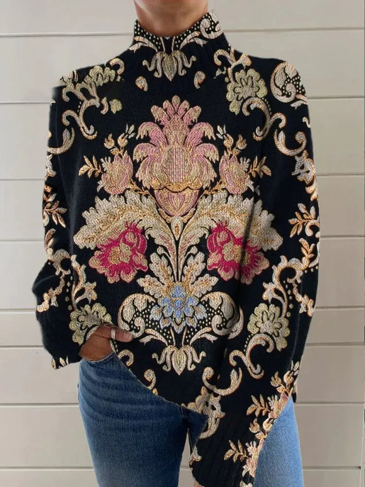 Black long sleeve turtleneck sweater with a 3D colour matching pattern, loose fit.