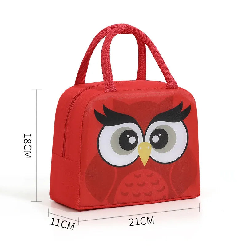 Cartoon children's insulated lunch box bag in choice of seven animal designs like orange bear and green dinosaur.